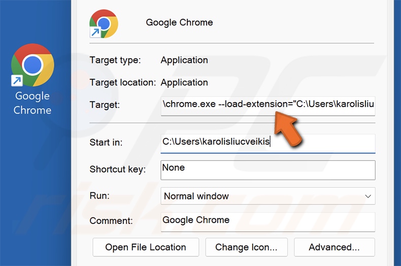 LNK Datei modifiziert durch Chromium Extension-Loading Shortcut Virus