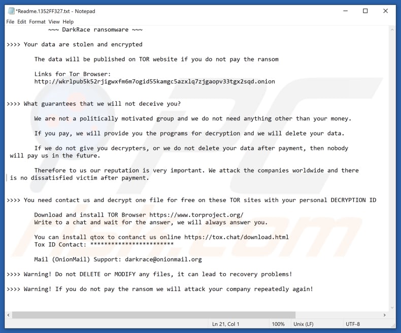 DarkRace Ransomware Textdatei (Readme.1352FF327.txt)