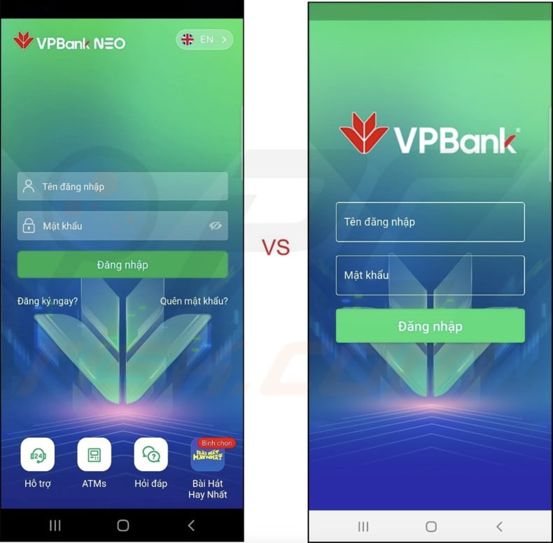 FluHorse Malware legitime VPBank App links vs gefälschte VPBank rechts