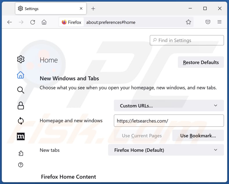 letsearches.com von der Mozilla Firefox Startseite entfernen