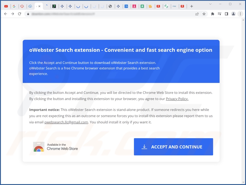 Betrügerische Webseite zur Förderung des oWebster Search Browserentführers