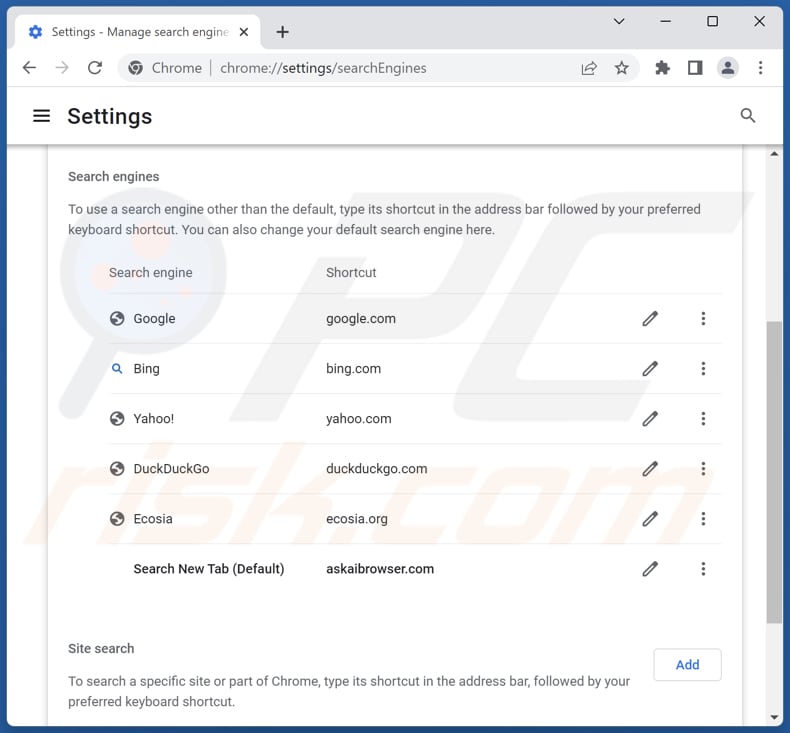 askaibrowser.com von der Google Chrome Standardsuchmaschine entfernen