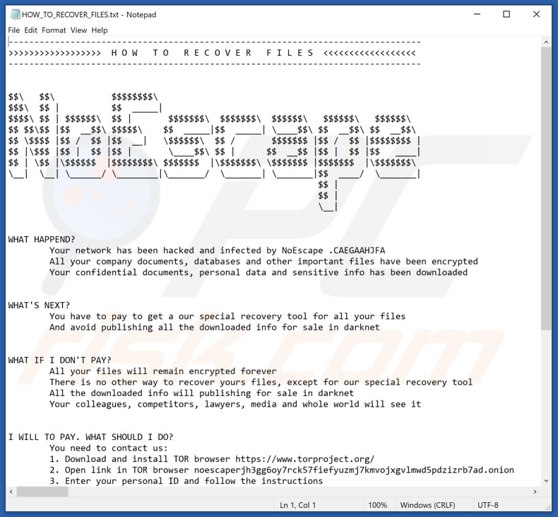 NoEscape Ransomware Textdatei (HOW_TO_RECOVER_FILES.txt)