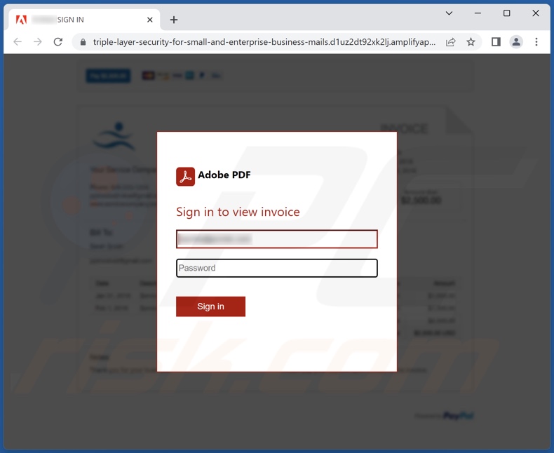 Von der Adobe Sign Betrugs-E-Mail geförderte Phishing-Seite