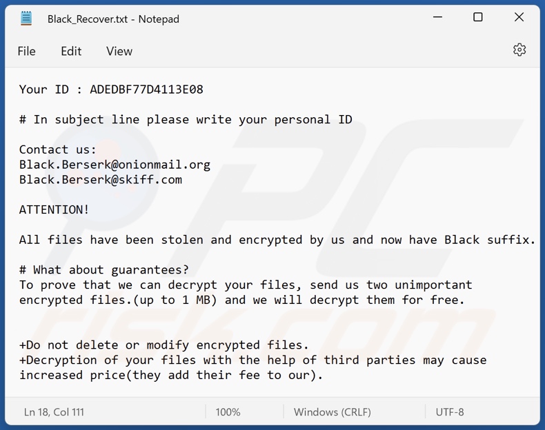 Black Berserk Ransomware Lösegeldmitteilung (Black_Recover.txt)