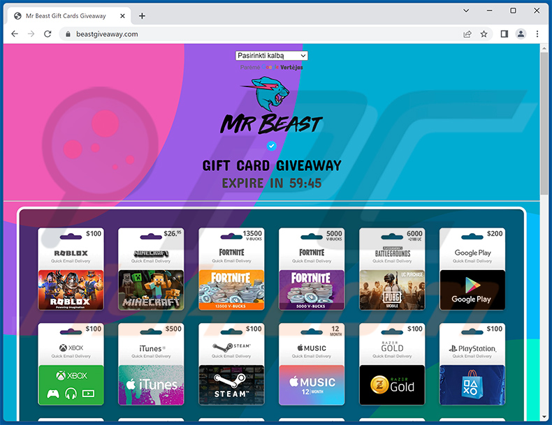 Eine weitere Webseite, die den Mr Beast GIFT CARDS GIVEAWAY Betrug fördert