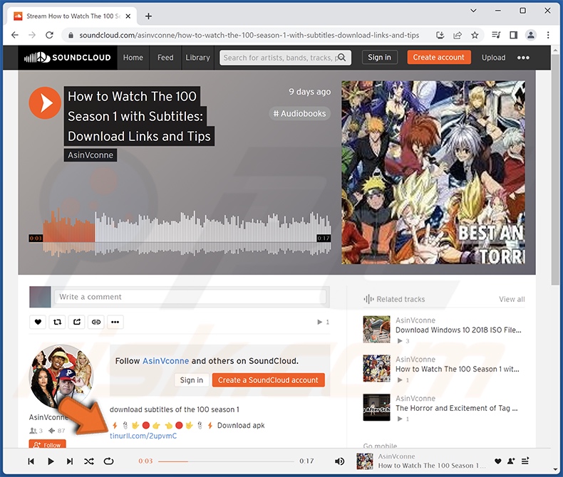 SoundCloud Virus kompromittiertes Konto Beispiel