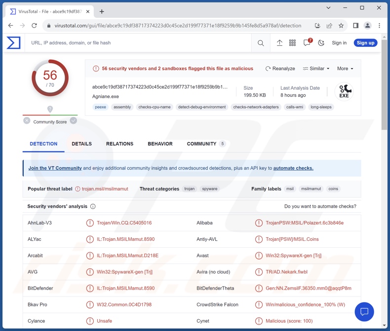 Agniane Malware-Erkennungen auf VirusTotal