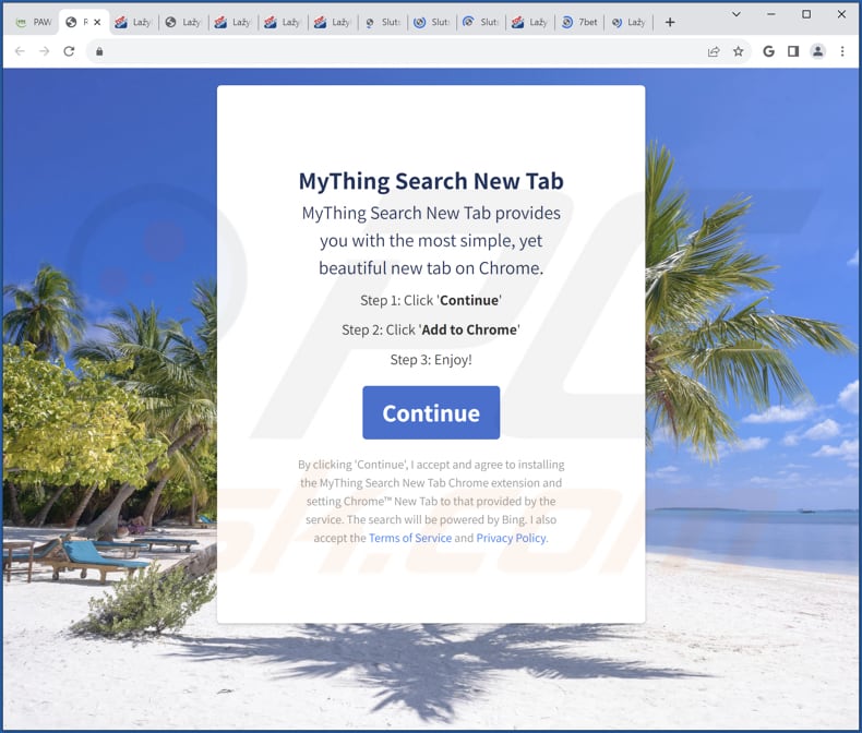 Webseite zur Werbung für den MyThing Search New Tab Browserentführer