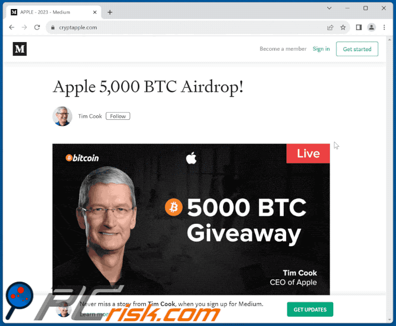 Aussehen des Apple Crypto Giveaway Betrugs