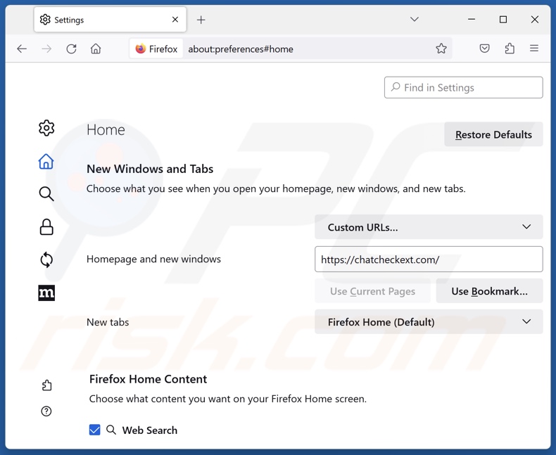 chatcheckext.com von der Mozilla Firefox Startseite entfernen