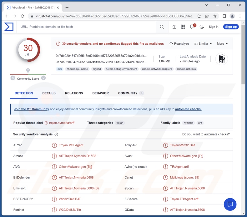 DarkGate Malware-Erkennungen auf VirusTotal