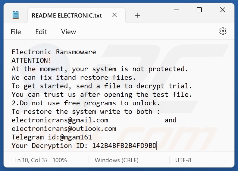Electronic Ransomware Lösegeldmitteilung (README ELECTRONIC.txt)