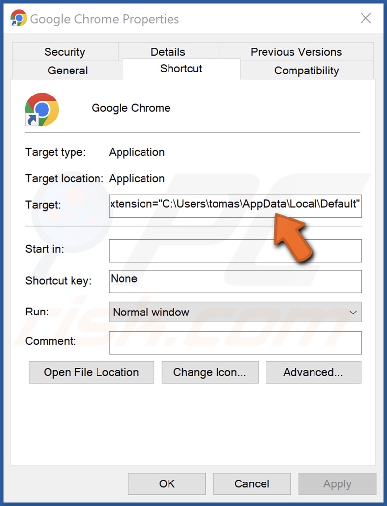 Chrome Verknüpfungsziel von der gefälschten Google Drive Erweiterung modifiziert