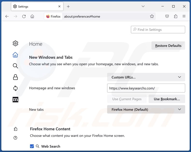 keysearchs.com von der Mozilla Firefox Startseite entfernen