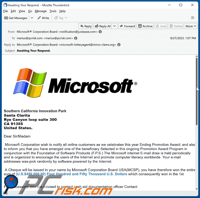 Aussehen der Microsoft Ending Promotion Gewinn Betrugs-E-Mail
