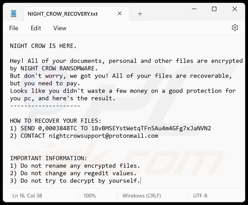 NIGHT CROW ransomware ransom note (NIGHT_CROW_RECOVERY.txt)