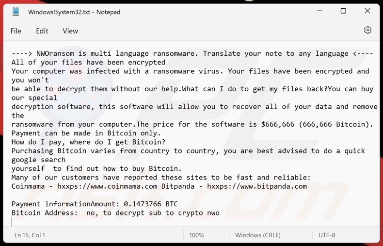 NWOransom Ransomware Lösegeldforderung (Windows!System32.txt)