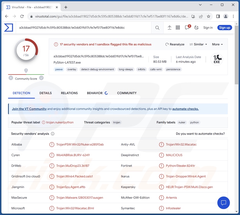 PySilon Malware-Erkennungen auf VirusTotal