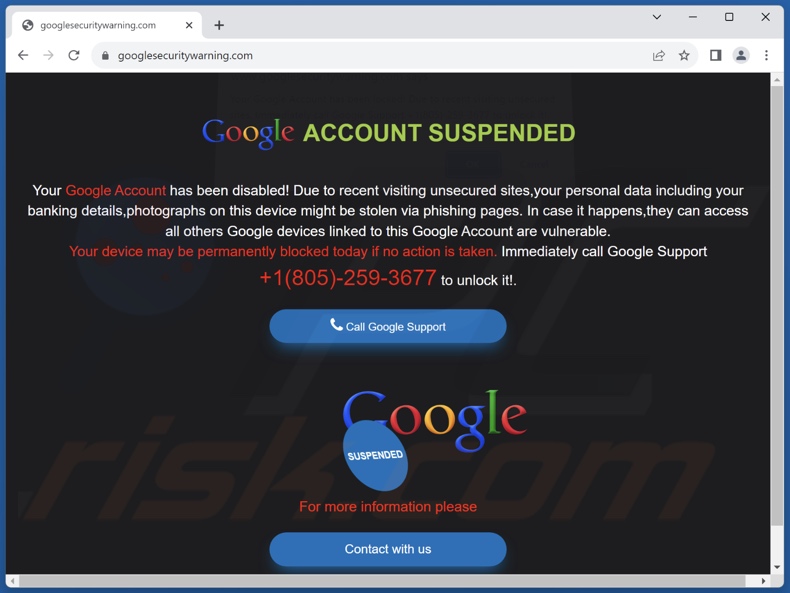 Hintergrundseite des Your Google Account Has Been Locked! Betrugs