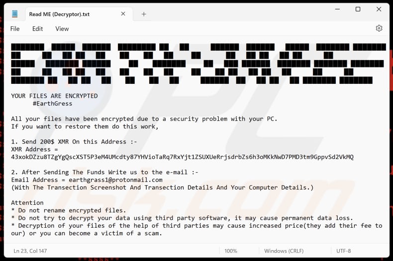 EARTH GRASS Ransomware Textdatei (Read ME (Decryptor).txt)