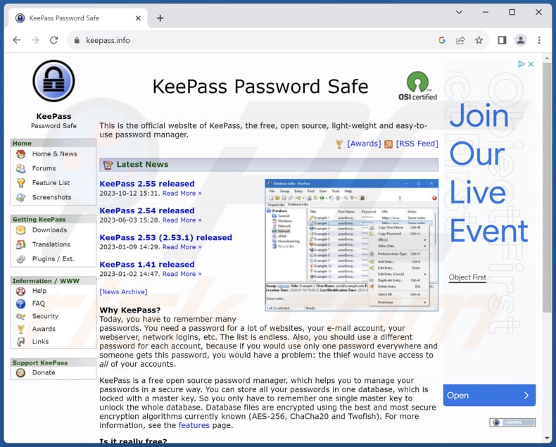 Fakebat Malware echte KeePass Seite