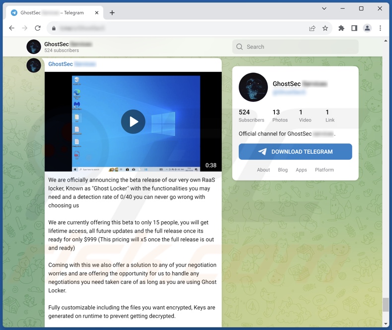 GhostLocker Ransomware wird auf Telegram beraten
