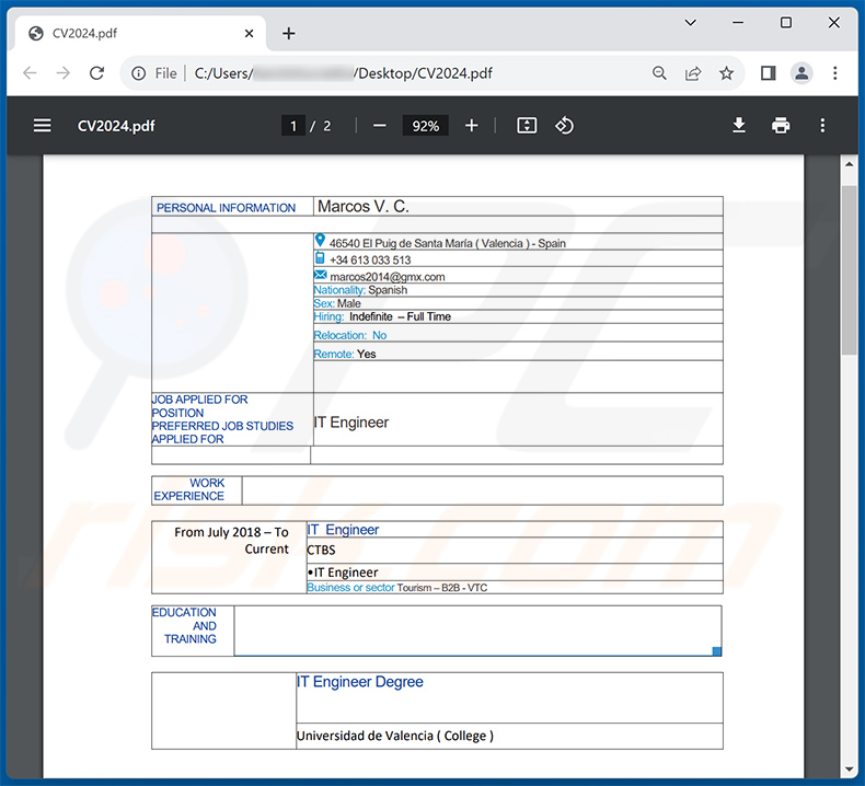 PDF-Dokument, das über eine Betrugs-E-Mail von HR (Human Resources) verteilt wurde (2023-10-16)