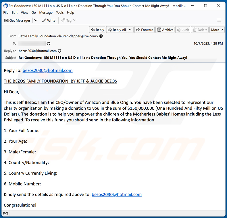 Jeff Bezos Charity Project E-Mail-Betrug (2023-10-09)