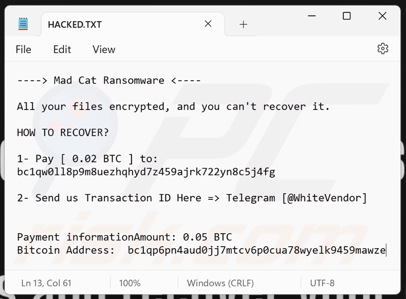 Mad Cat Ransomware Lösegeldforderung (HACKED.txt)