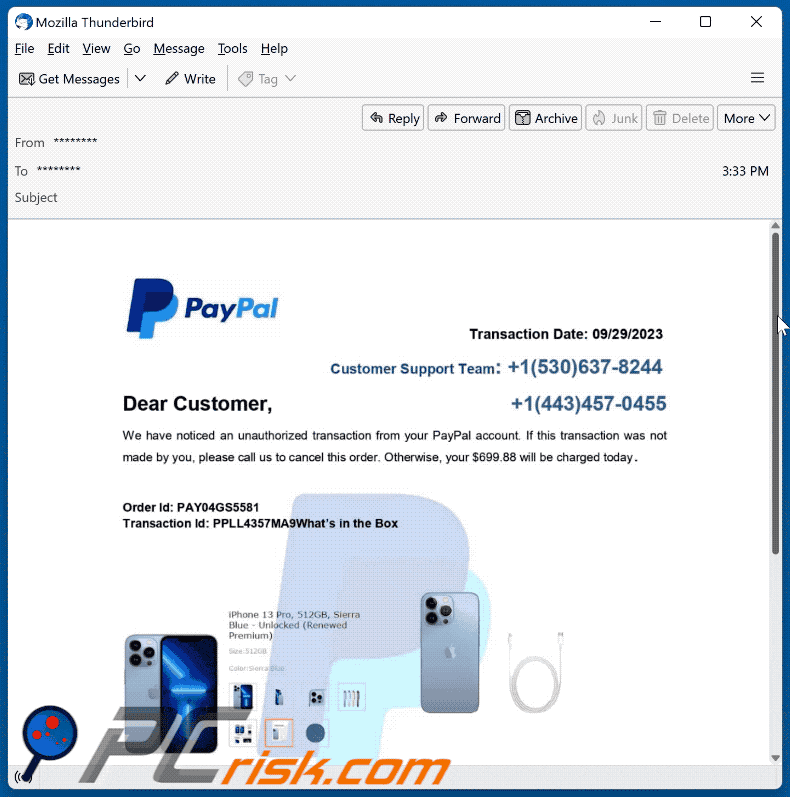 Aussehen des PayPal - Unauthorized Transaction E-Mail-Betrugs