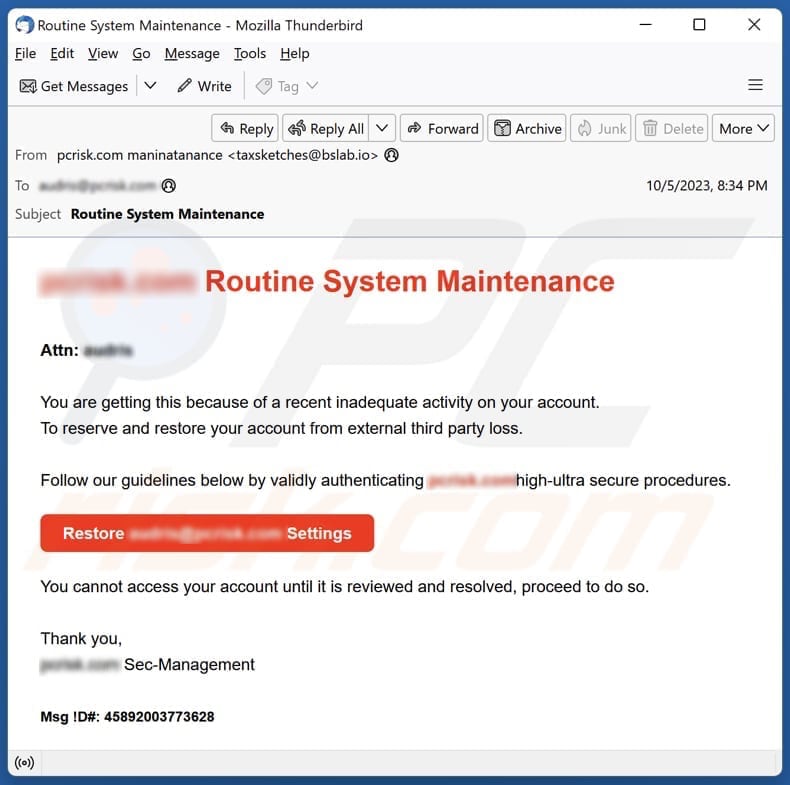 Routine System Maintenance E-Mail Spam-Kampagne