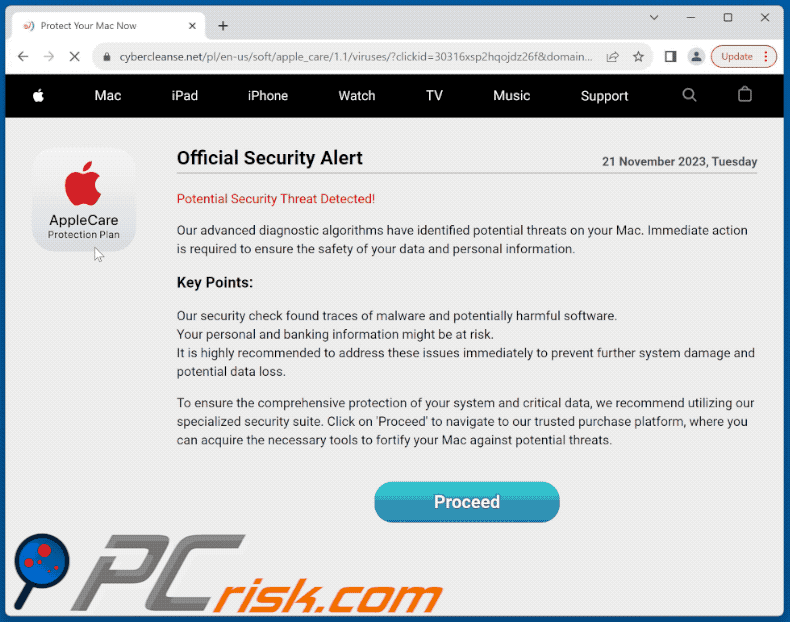 Aussehen des AppleCare - Official Security Alert Betrugs (GIF)