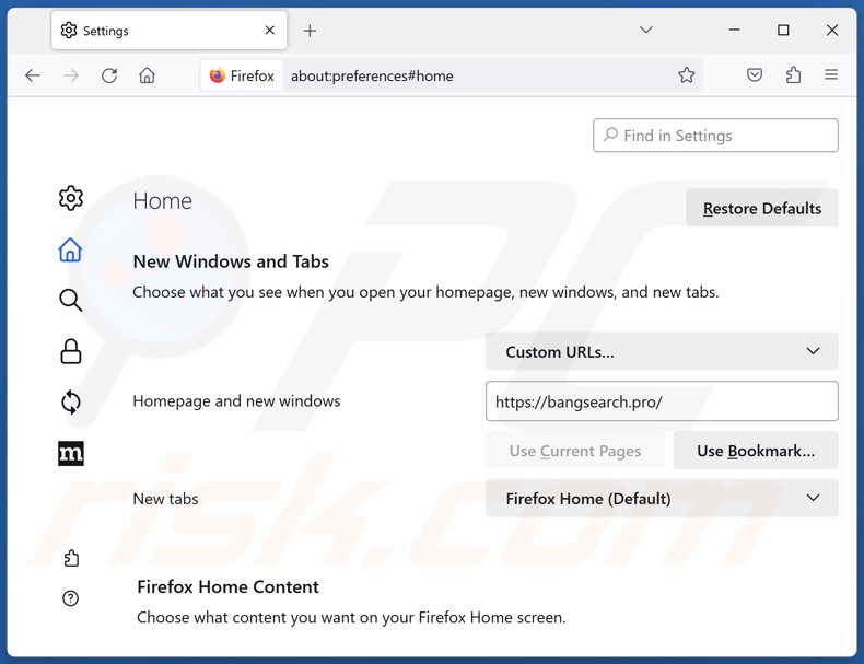 bangsearch.pro von der Mozilla Firefox Startseite entfernen