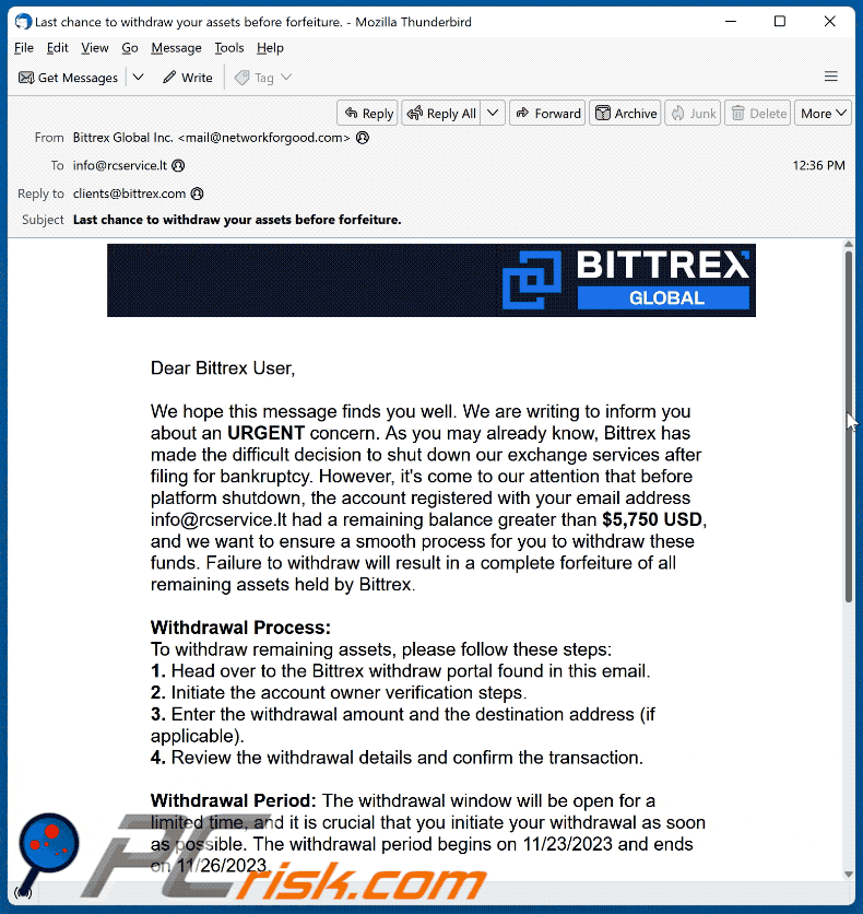 Aussehen des Bittrex E-Mail-Betrugs