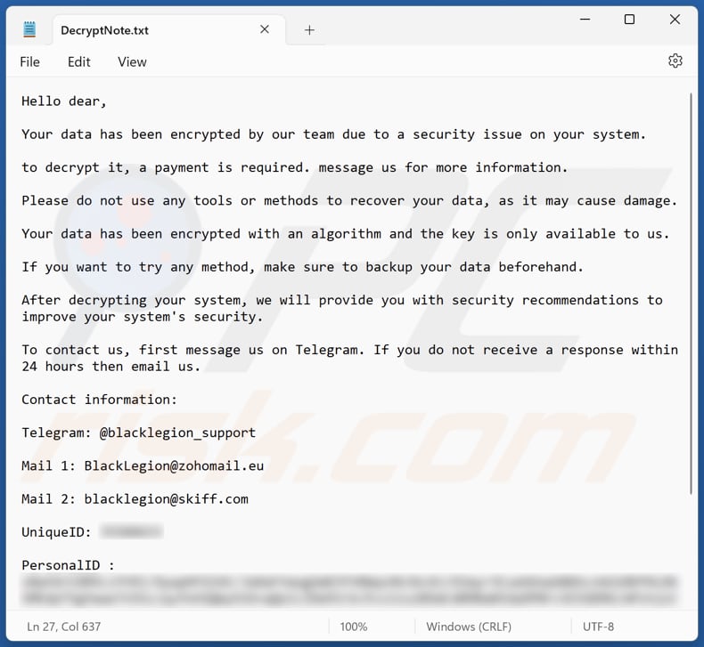 BlackLegion Ransomware Textdatei (DecryptNote.txt)