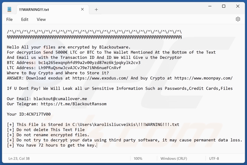 Blackoutware Ransomware Lösegeldforderung (!!!WARNING!!!.txt)