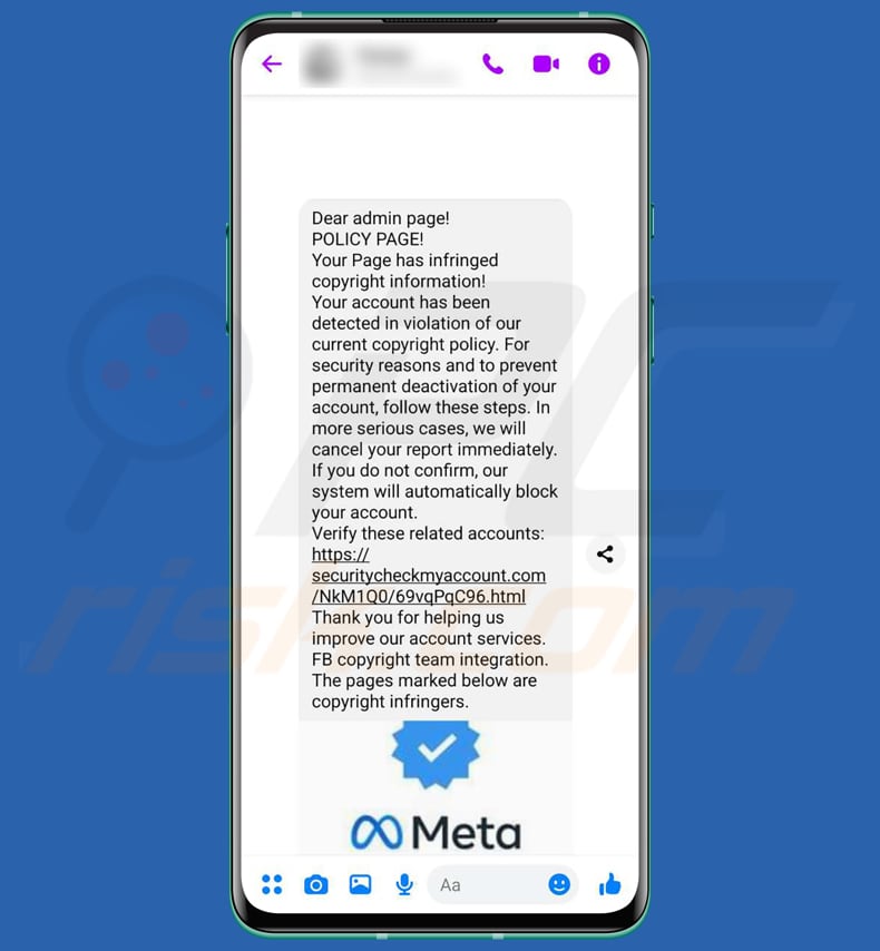 Facebook Page Has Infringed Copyright Information Smishing-Betrug