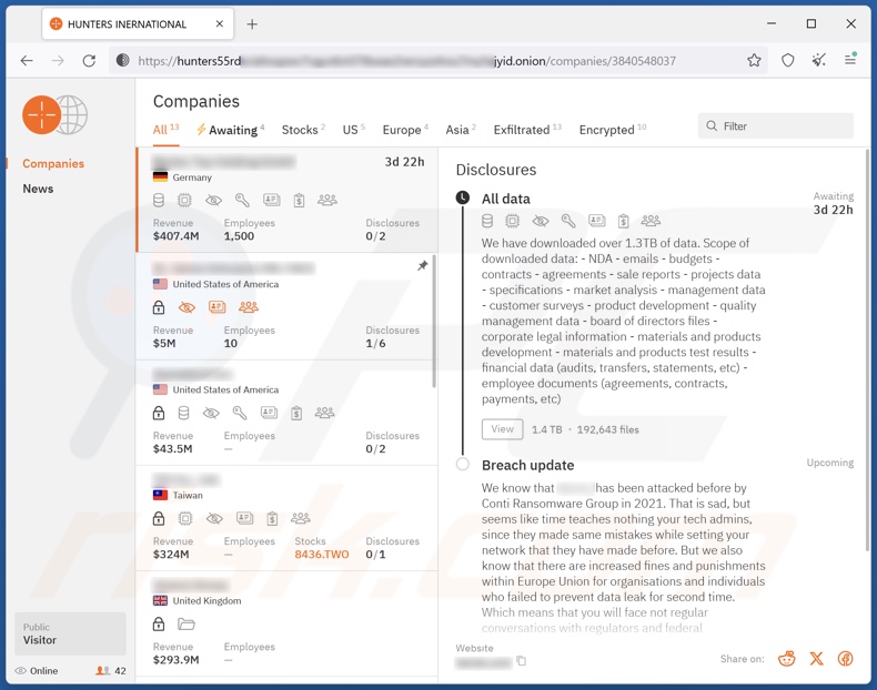 Hunters International Ransomware Datenleck-Seite
