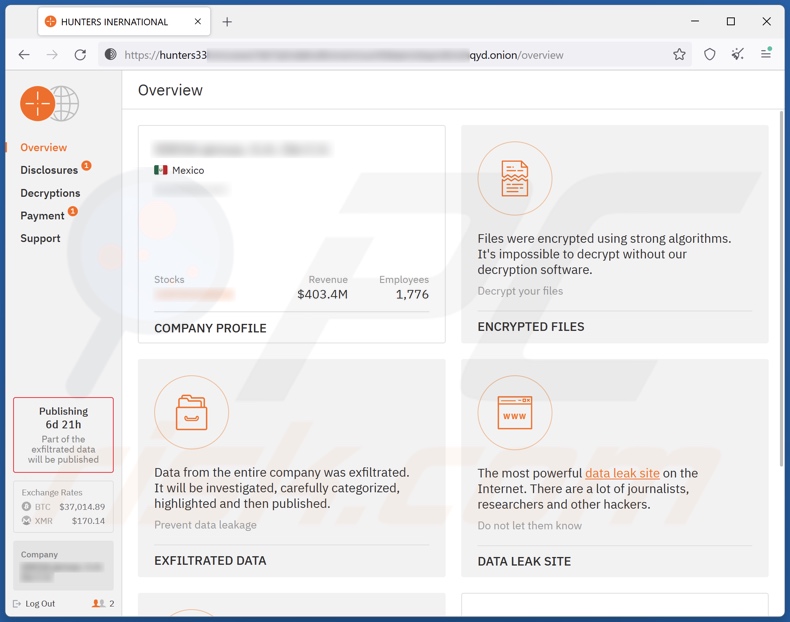 Hunters International Ransomware Zahlungskontaktseite