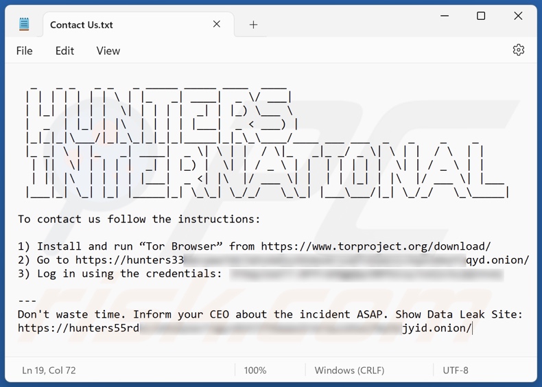 Hunters International Ransomware Lösegeldforderung (Contact Us.txt)