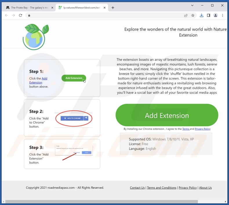 Webseite zur Werbung für den Nature Of The World Extension Browserentführer