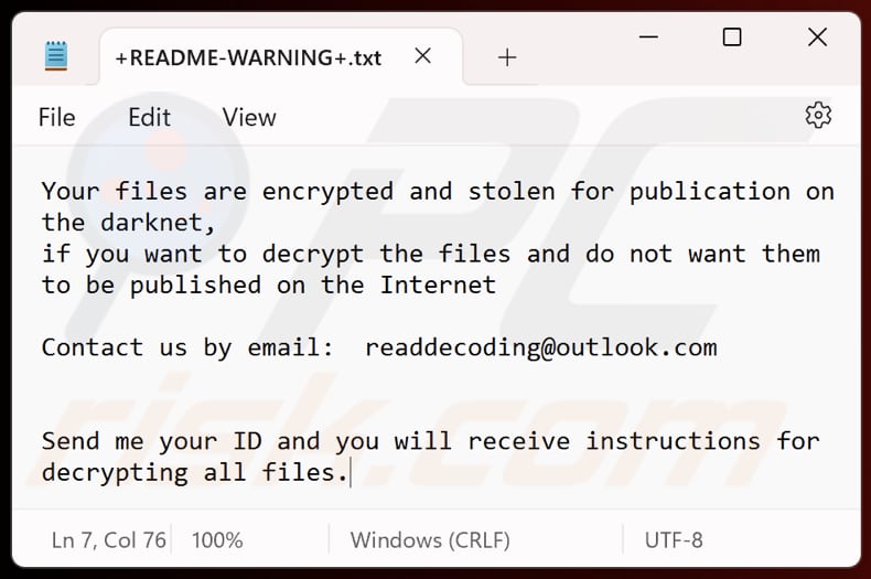 Read Ransomware Textdatei (+README-WARNING+.txt)
