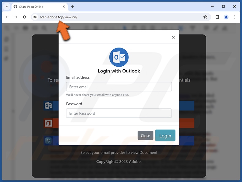 Von der Adobe Scan Betrugs-E-Mail geförderte Phishingseite