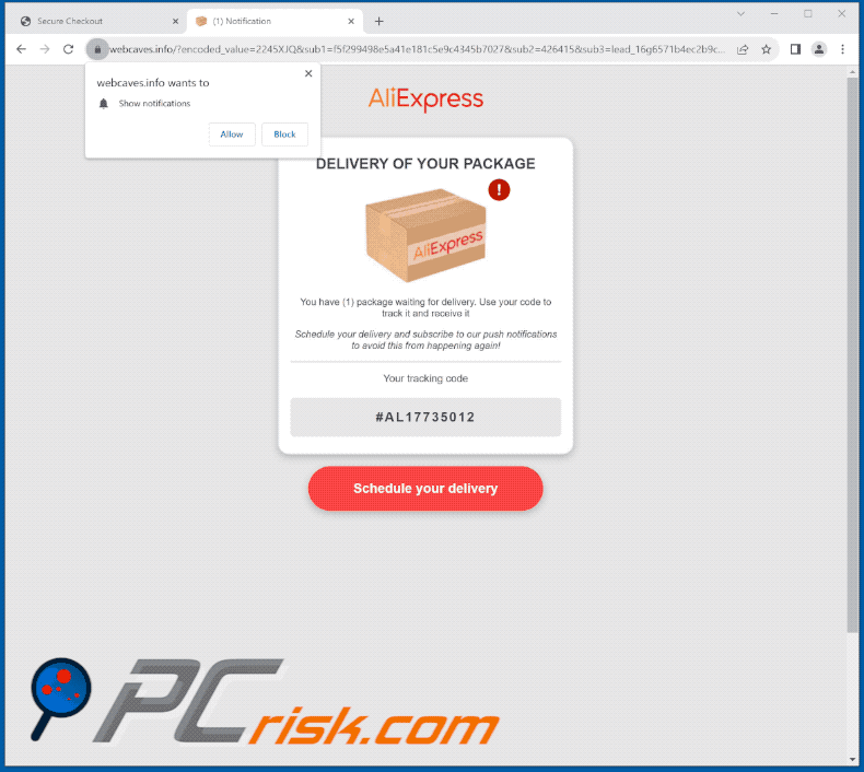 Von der AliExpress Package Betrugs-E-Mail geförderte Phishingseiten (GIF)