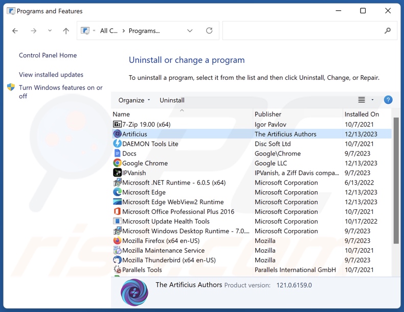 Artificius Browser Deinstallation über Systemsteuerung
