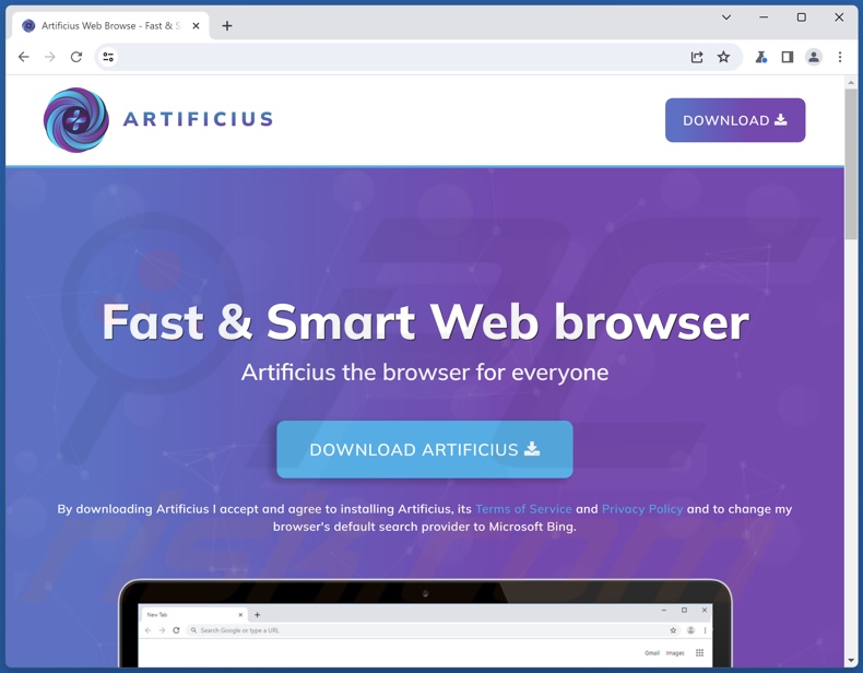Webseite bewirbt den Artificius Browser