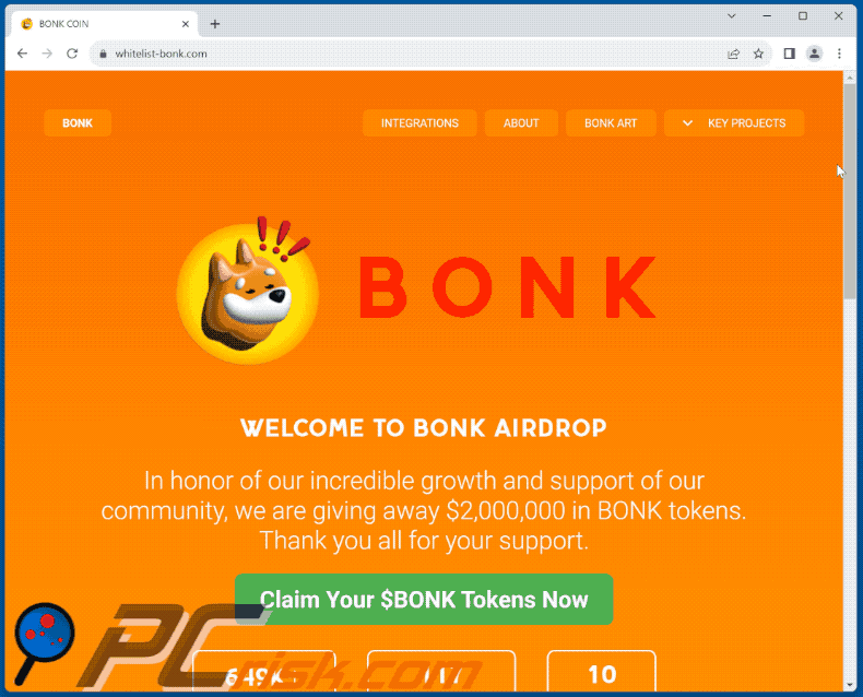 Aussehen des Bonk Coin Airdrop Gewinnspiel-Betrugs (GIF)