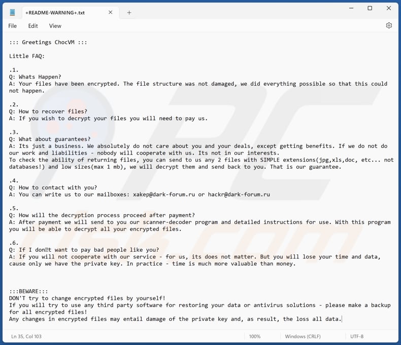 ChocVM Ransomware Textdatei (+README-WARNING+.txt)