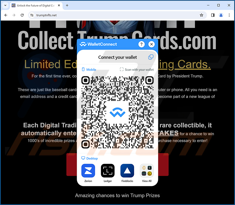 Collect Trump Cards Betrug, bei dem Benutzer aufgefordert werden, ihre Kryptowährungen zu verbinden